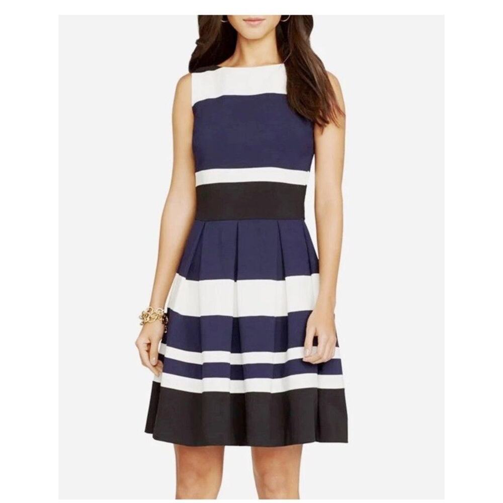 Ralph Lauren LRL Keyla Fit Flare Dress Navy Stripe Preppy Classic Womens 4 / Sm